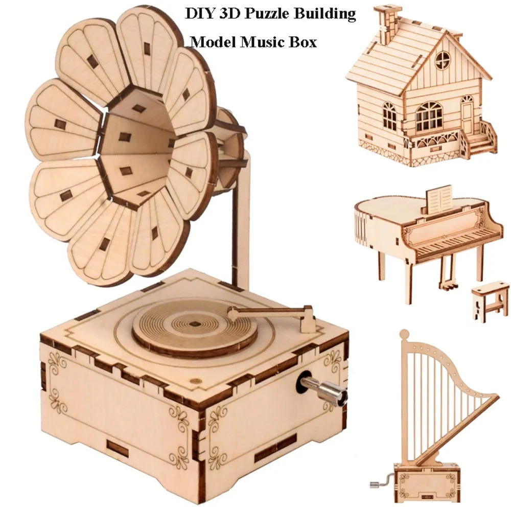 

High Quality Music/Voice Creative Gramophone Wood DIY 3D Puzzle Music Box 9 Styles Kids Adults Perfect TechArt Gift