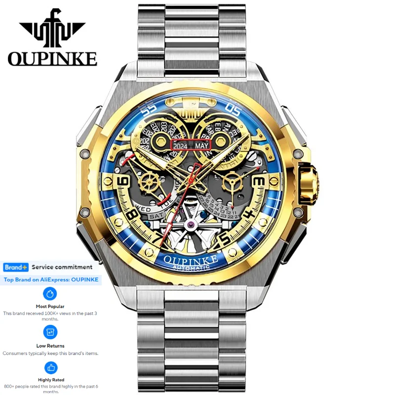 

OUPINKE 3266 Skeleton Men's Watch Multi functional Date Waterproof Stainless steel Fashion Men's Automatic Mechanical Wristwatch
