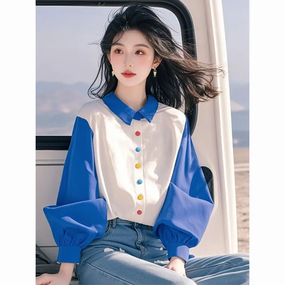 

Осенняя корейская мода, лоскутная блузка с отложным воротником и длинными рукавами, женская универсальная блузка на пуговицах, разноцветный кардиган, рубашки, футболка