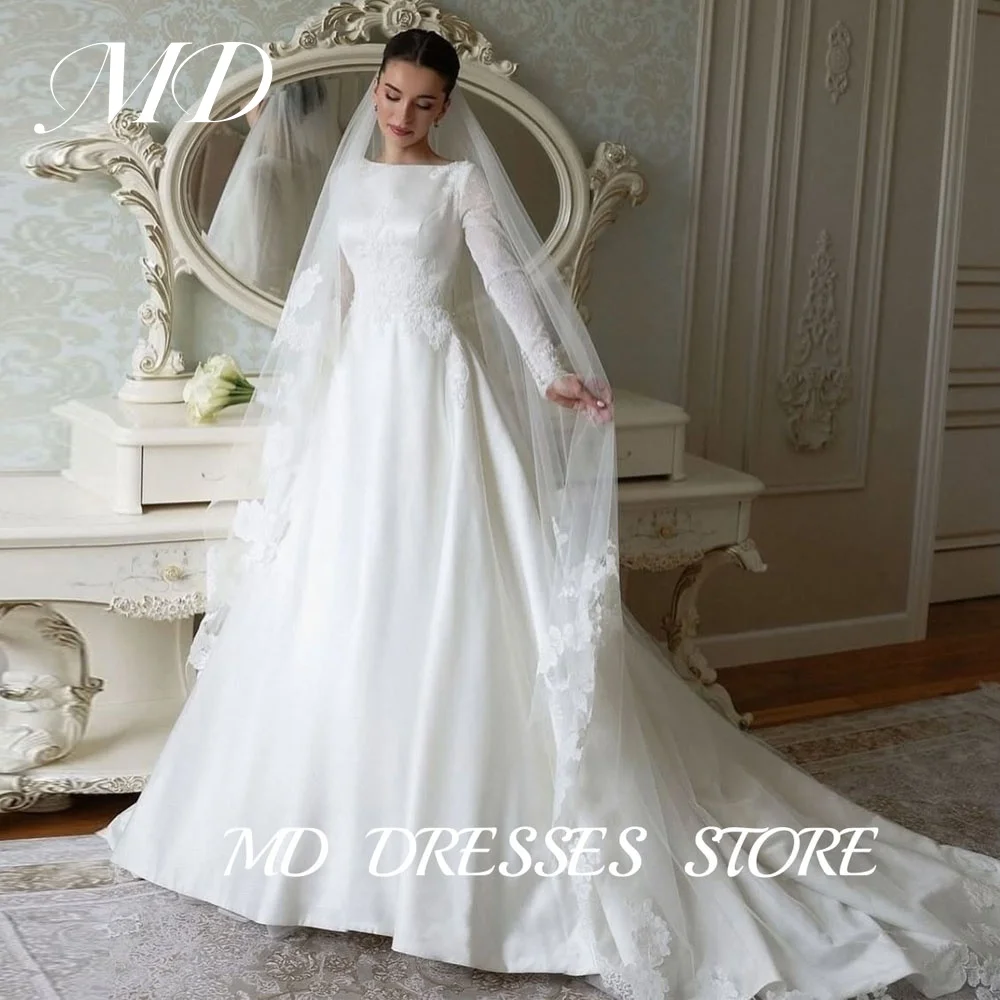 

MD Modern White A-line Wedding Dress Satin O Neck Full Sleeves Floor-Length Applique Bride Gown vestidos de fiesta Customized