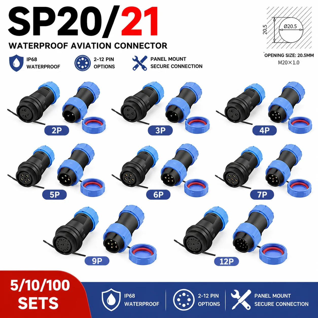 SP20/SP21 Waterproof Aviation Plug Solder Free Male Female Connector with Rear Nut Flange Square Plate 2/3/4/5/6/7/9/12 Pin