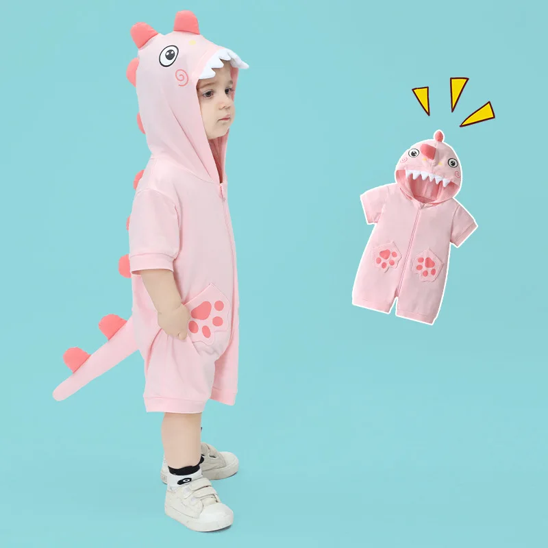 Kawaii Dinosaur Summer Infant Baby Clothes Boys Girl Bodysuit Hooded Cartoon Kawaii Five Colors Short Sleeve Romper Onesie