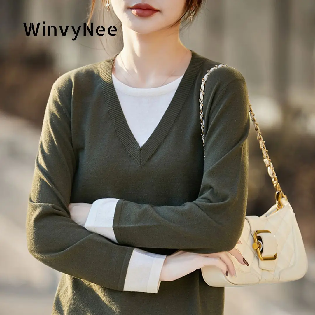 

WinvyNee Women's Spring Fine Wool Knitted Pullover Fake Two Piece V Neck Long Sleeve Fashion Design Casual Soft Top ZA1497006