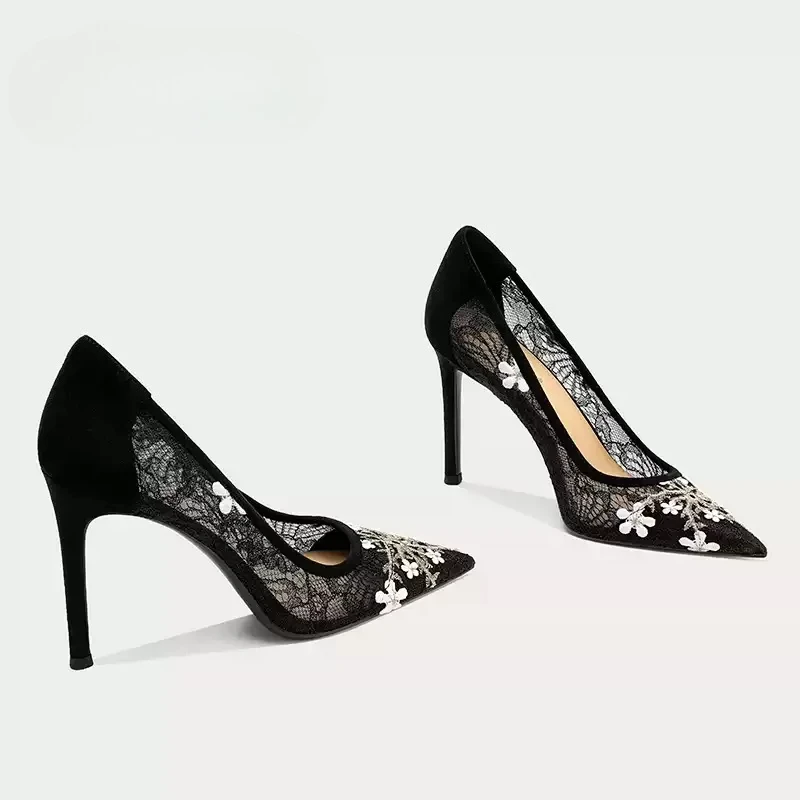 New sexy lace mesh high heels for women, slim heels with pointed toes and shallow mouth, fashionable and versatile party shoes