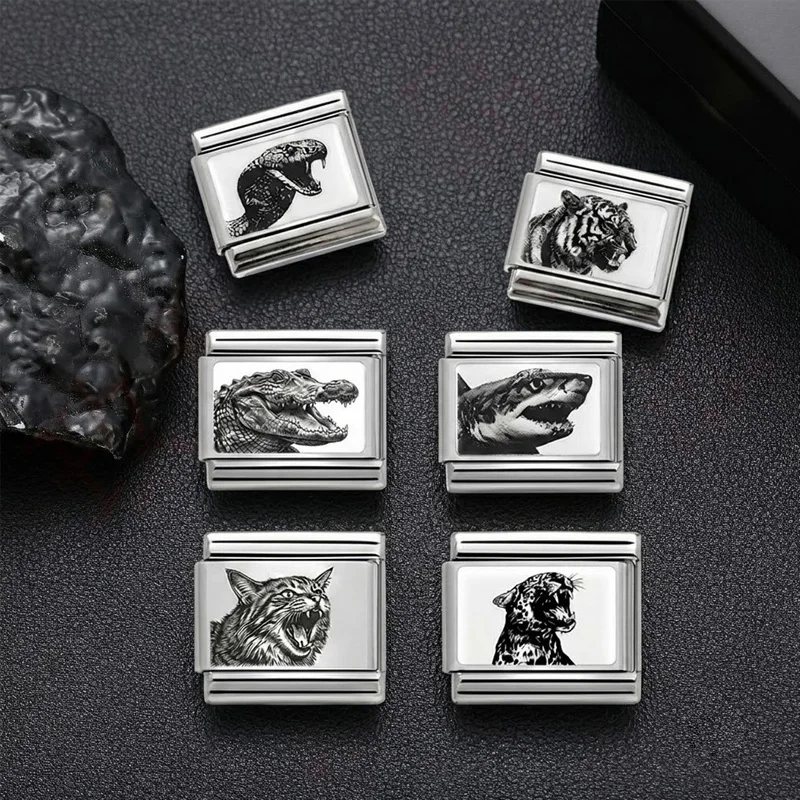 Men Punk Wild Beast 9mm Italian Stainless Steel Bracelet Charms Black White Animal Lion Tiger Wolf Bear DIY Jewelry Accessories