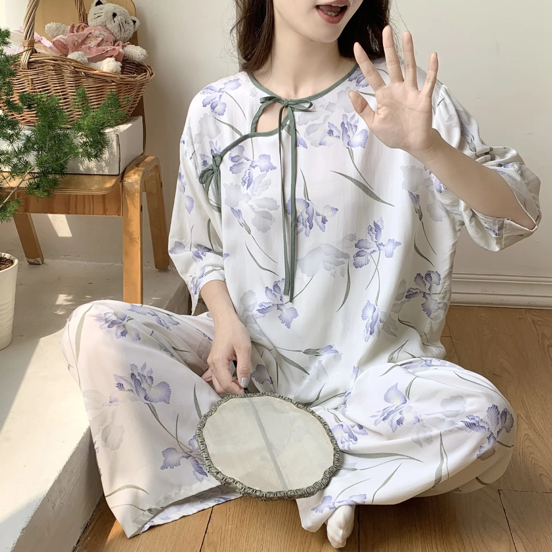Spring Autumn Female Pajama Sleep Set Half Sleeve Shirt&Pant Trouser Suits Chinese Style Print Pyjama Pour Femme Loose Homewear