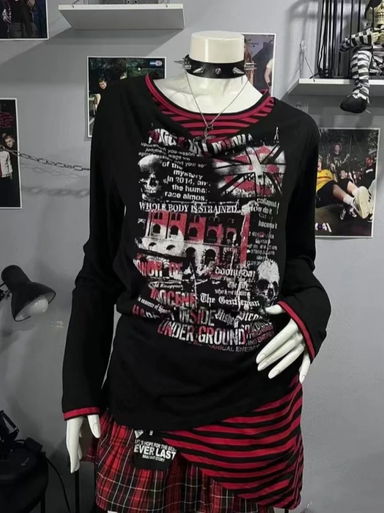 Grunge Style Striped Spliced T-shirt Fake 2 Piece Y2k Slim Long Sleeve 2000s Spicy Girl Niche Design Sense Vintage Blouse Autumn