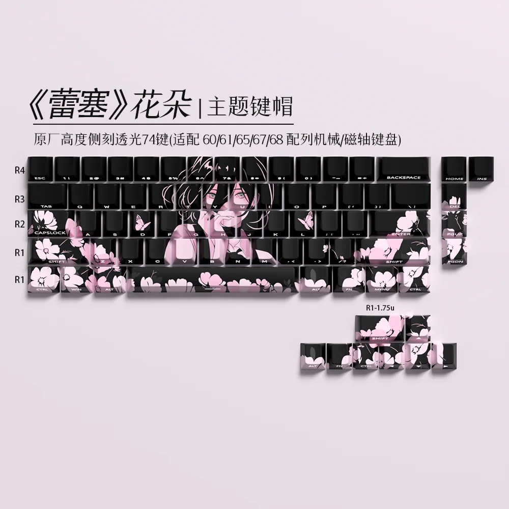 

Колпачки для клавиш «Человек бензопилы», полупрозрачные колпачки для клавиш Reze, черные колпачки для клавиш PBT Dye-Sub Cherry, 73-клавиш, подходят для механической клавиатуры 60 65, 68