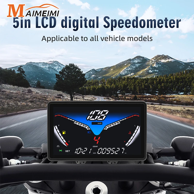 

5inch LED Motorcycle Speedometer Universal Digital Odometer Instrument Dashboard 99999.9km Oil Gauge Water Temp Tachometer Clock