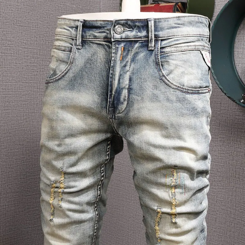 Fashion Vintage Men Jeans Retro Washed Elastic Slim Hole Ripped Jeans Men Embroidery Designer Patched Hip Hop Denim Pants Hombre