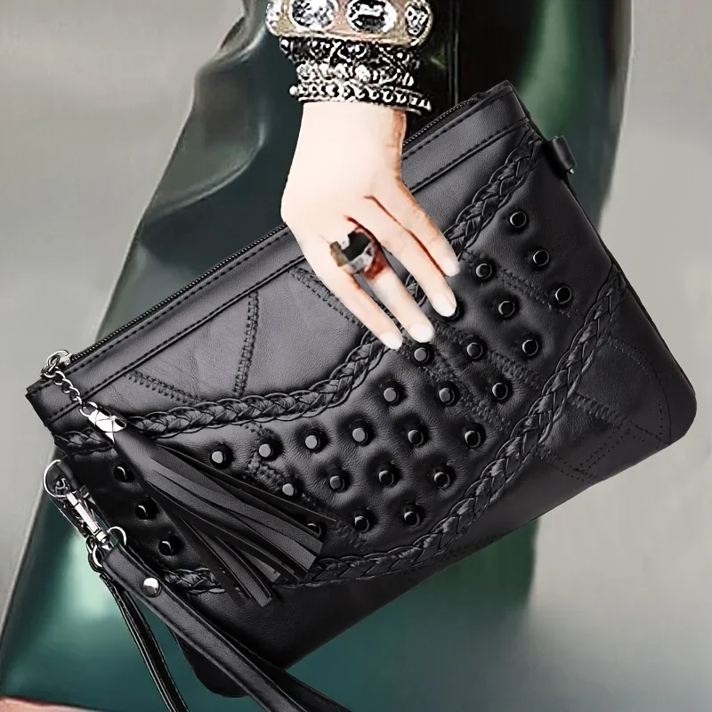 Studded Decor Crossbody Bag, Gothic Black Shoulder Bag, Trendy Wrist Clutch Purse With Tassel