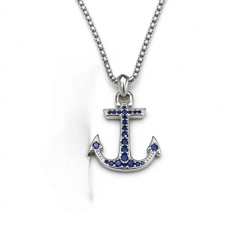 Nautical Anchor Pendant Necklace for Men Women, Silver Anchor Charm Paved with Blue or Black CZ Stones, Thick Box Chain, 50+5cm, Sailor Maritime Style Unisex Jewelry, High Quality Alloy Hypoallergenic Durable Polished, Gift for Him Her Birthday Christmas