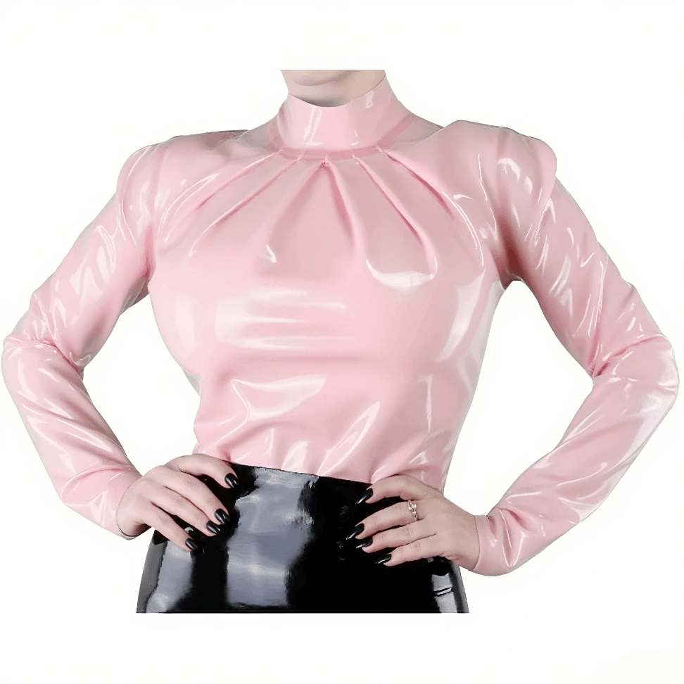 

customized Sexy Custom baby pink Latex Shirt - Long Puff Sleeves Frills at Bust Handmade Rubber Blouse Clubwear Cosplay