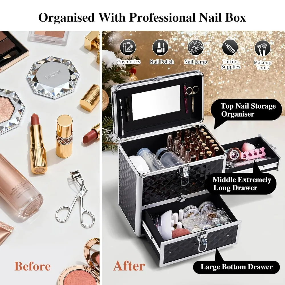 Lockable Nail Polish Organizer Case with Mirror, Drawers & 28 Slots - Portable Makeup Storage Box