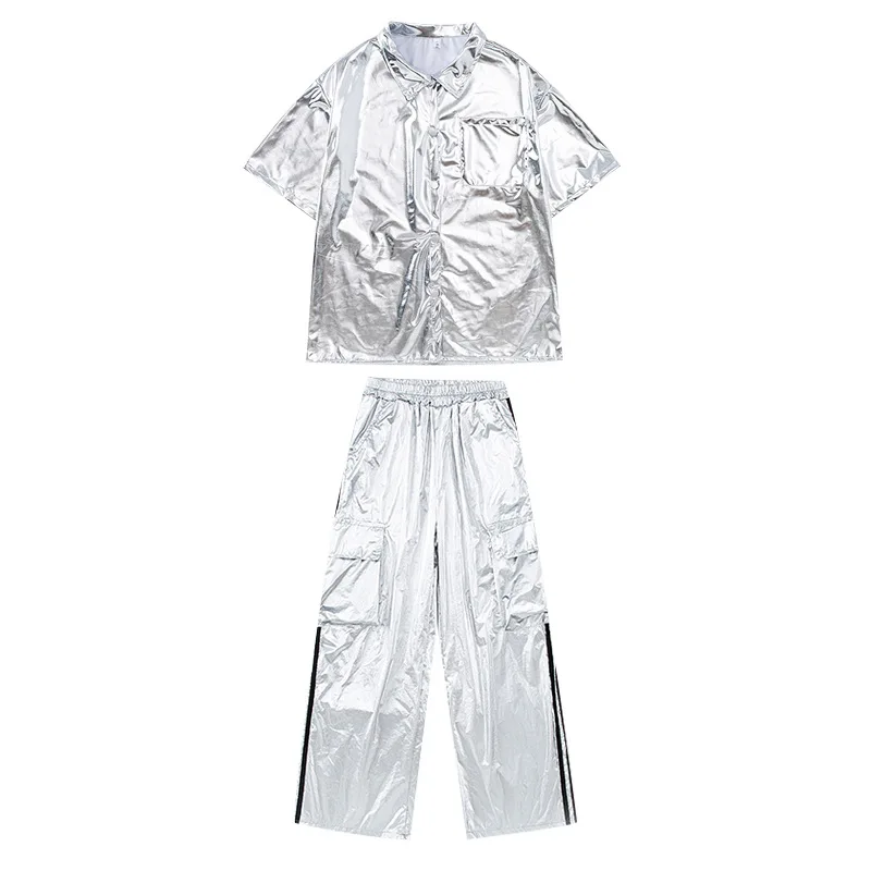 Kids Cool Hip Hop Clothing Silver Shirt Pants For Girls Jazz Dance Costume Boys Street Wear Kpop Outfit Stage Wear SL10709