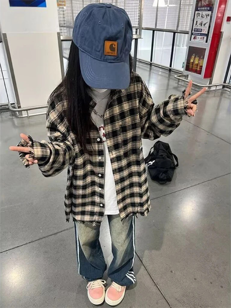 

American Retro Plaid Long Sve Embroidered Casual Loose Men's irt Spring Autumn Cleanfit Loose Fit Youth Faion