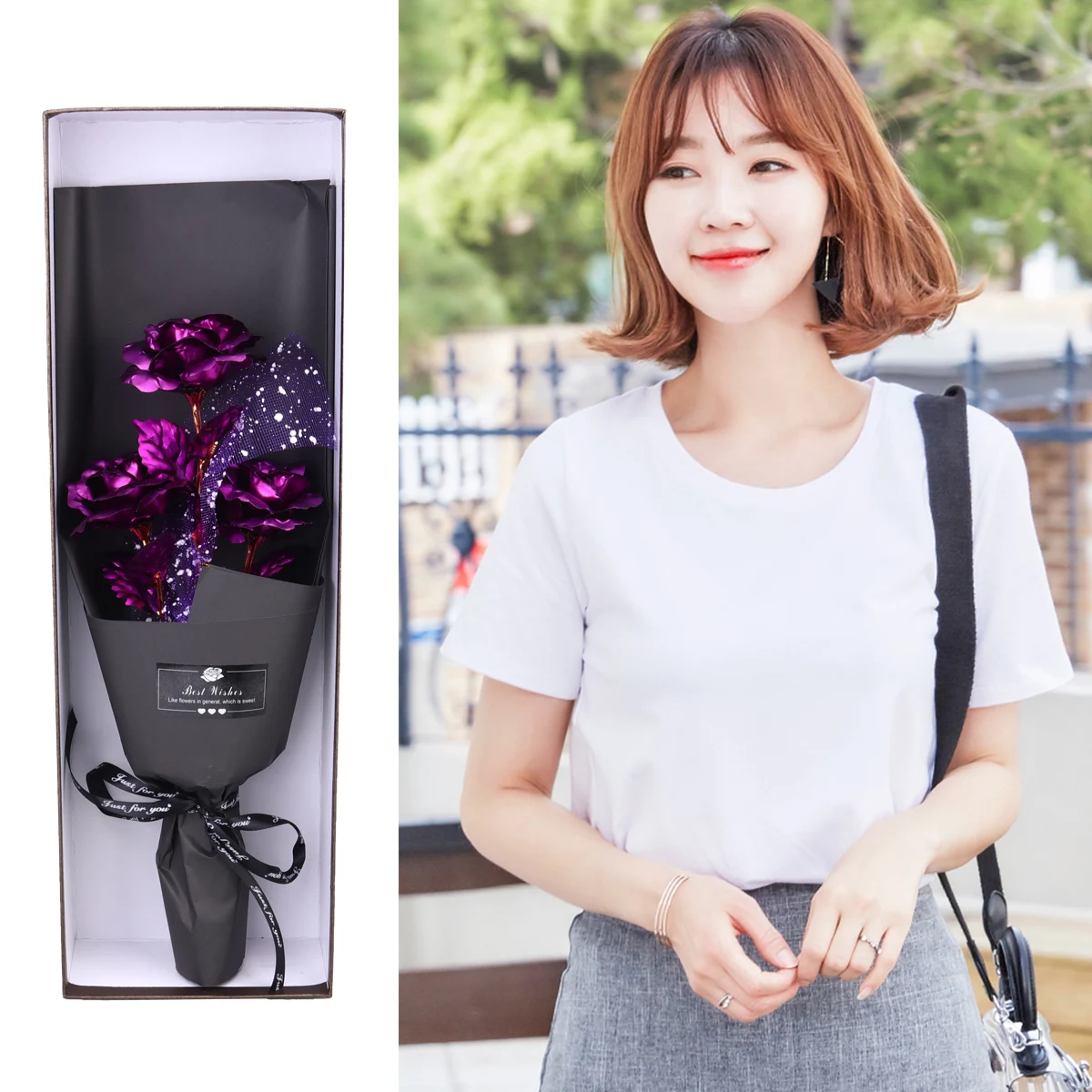 

1pc 3 Gold Foil Rose Bouquet Gift Wedding Anniversary Valentine Mother'S Day Christmas Present Flower Box Elegant Simulated Rose