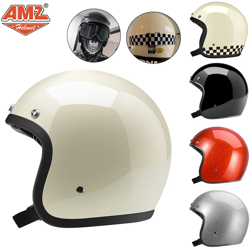 

AMZ Retro Motorcycle Helmet Female Summer Fiberglass 3/4 Helmet Electric Vehicle Male DOT Certified Cruise Half Helmet