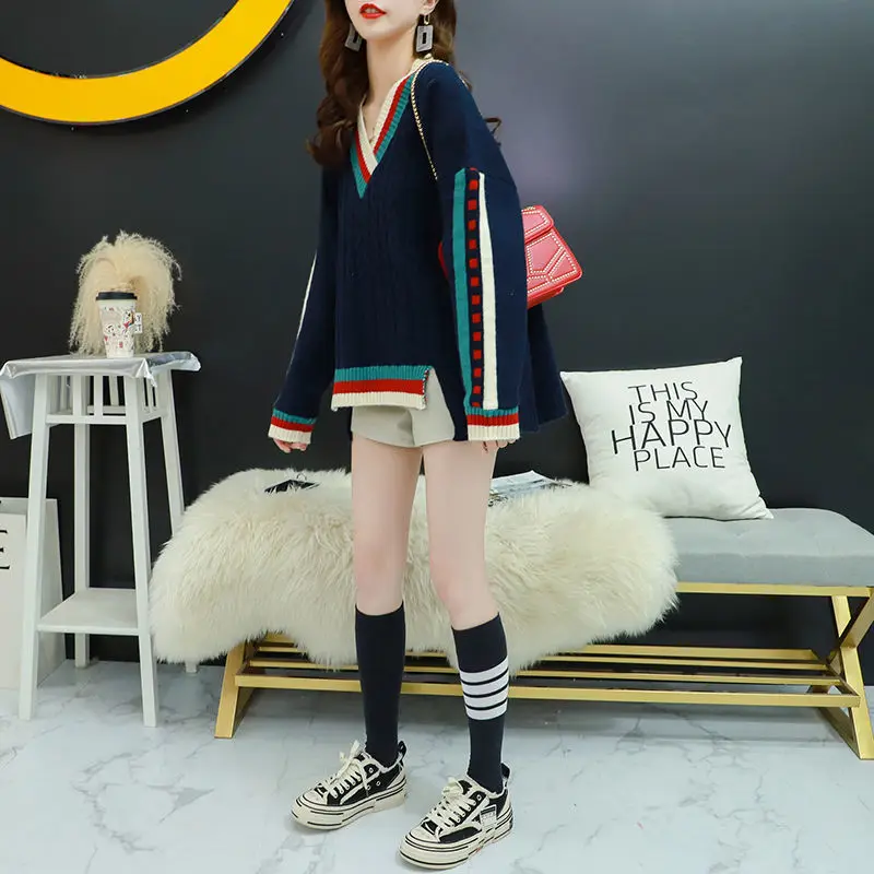 Fashion V-Neck Spliced Loose Asymmetrical Sweaters Female Clothing 2023 Autumn Winter Oversized Casual Pullovers Korean Tops