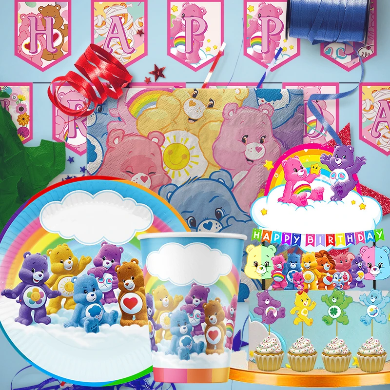 레인보우 베어 생일 장식 각도 일회용 식기 컵 플레이트 식탁보 베이비 샤워 키즈 소녀 소년 파티 용품