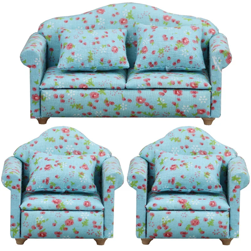 1:12 Miniaturmöbel Puppenhaus Spielhaus Spielzeug Kleines Blumensofa Dreiteiliges Set Puppenhaus Ornament Handgefertigte Accessoires