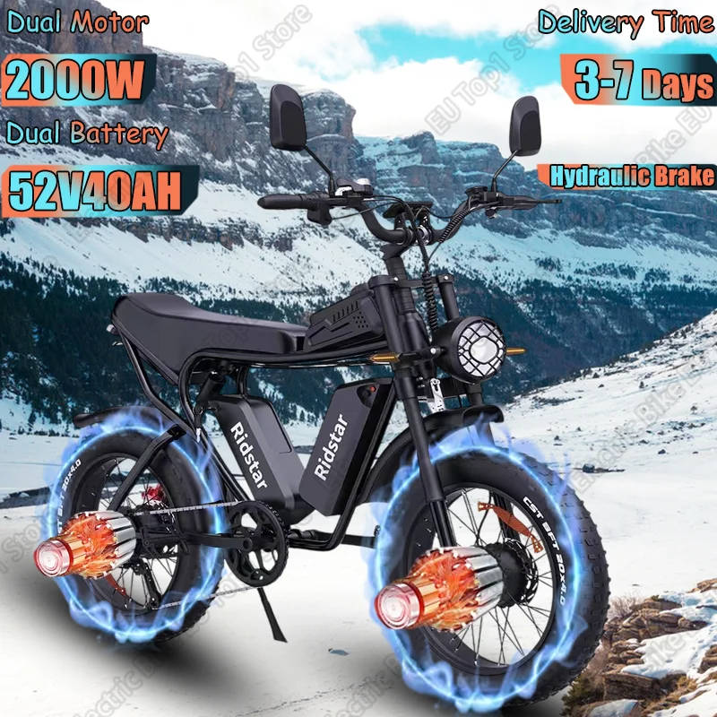 2000W Dual Motor E-bike 52V40Ah Dual Lithium Battery Electric Bicycle Hydraulic Brake Adult 20*4.0 Inch Fat Tire Electric Bike