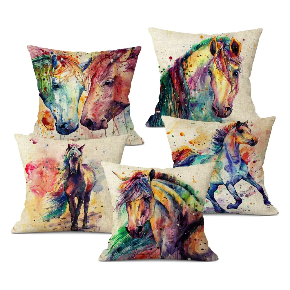 Nordic Animal Print Pillowcase Watercolor Horse Cushion Cover Sofa Decorative Throw Pillow Covers for Home Decor