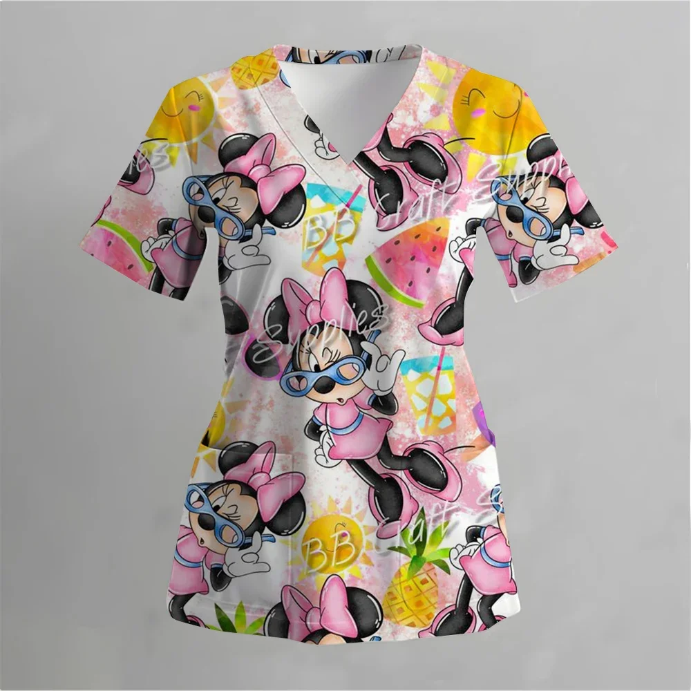 

2026 Disney Womens Nurse Uniform T Shirt 3D Printing Pocket Tee Short Sleeved V Neck Clinic Work Clothes Top For Her