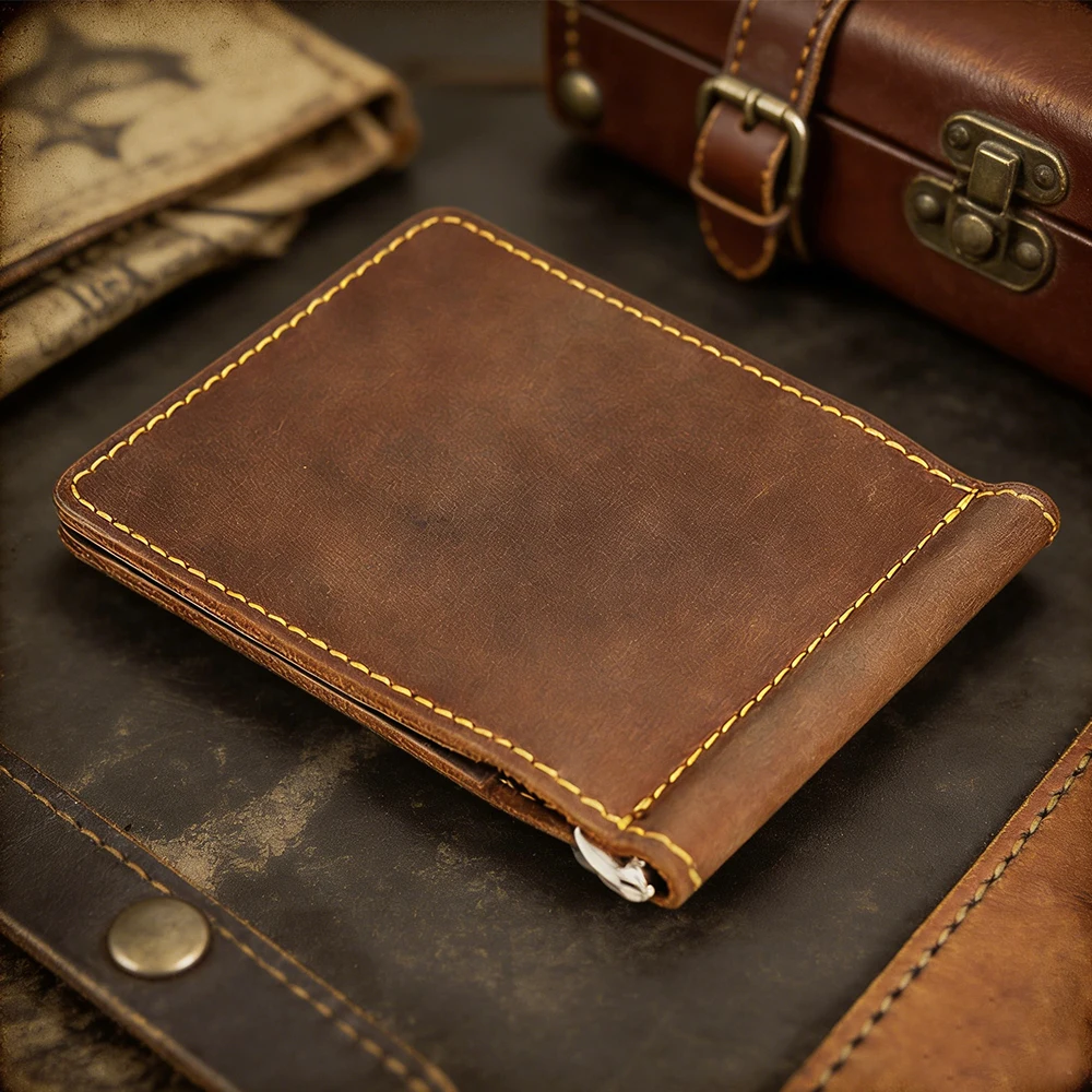 

Мужской кошелек из натуральной кожи в стиле ретро, тонкий, простой, с держателем для карт, высококачественный винтажный зажим для денег для мужчин