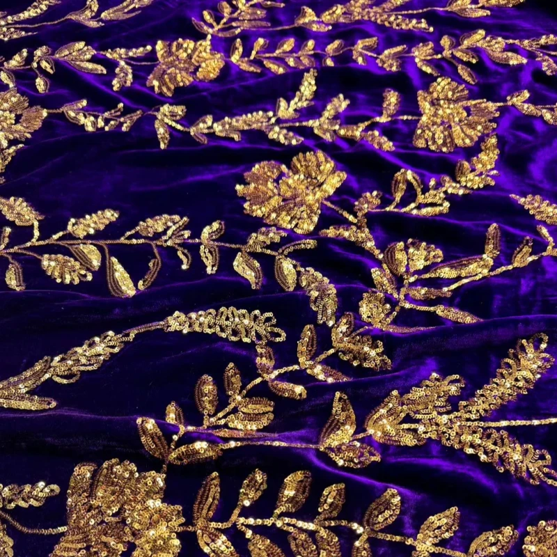 Mulberry Silk Velvet Fabric Purple Gold Sequin Heavy Embroidered Beaded Autumn Winter Heavyweight for Coat Designer DIY Sewing