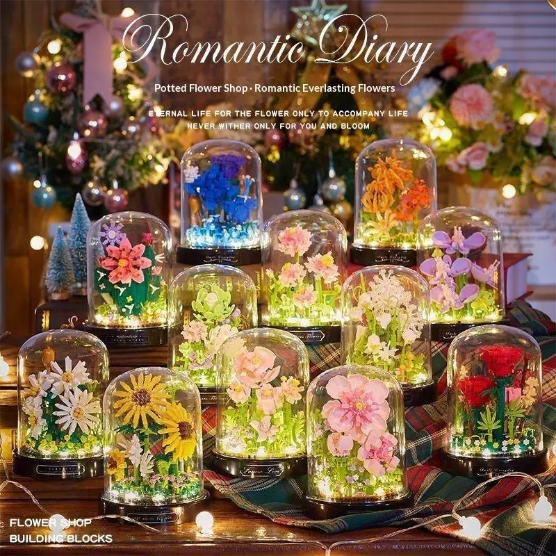 Flower Bouquet Building Blocks With LED Light Clear Glass Dome Home Decor Valentines Gifts For Girls Women