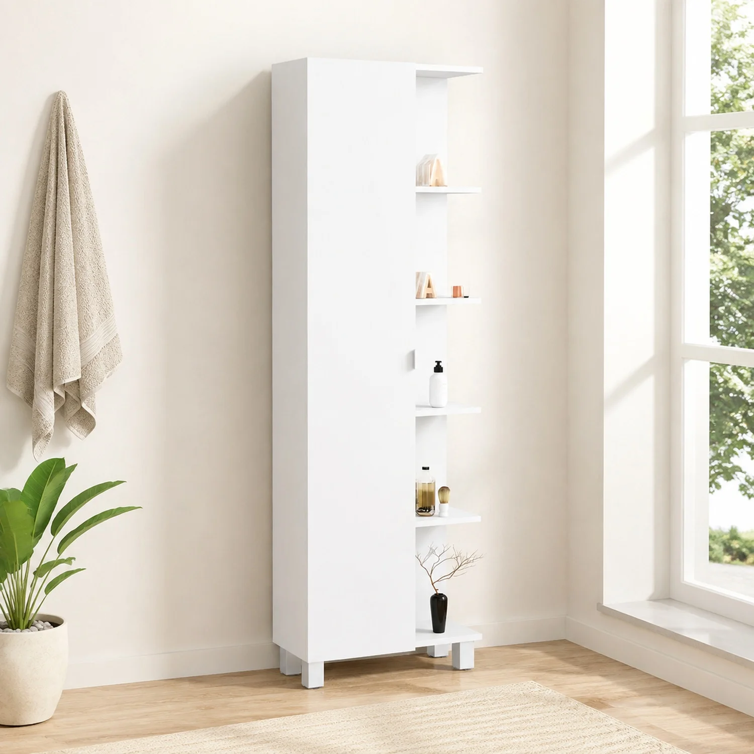 Urano Corner Linen Cabinet, Five External Shelves, Single Door, Four Interior Shelves -White