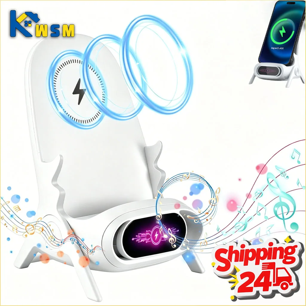 

Wireless Charger for All Phones with Auto Sensor Desk Stand Fast Charging Horizontal Vertical Speaker Enhanced Sound