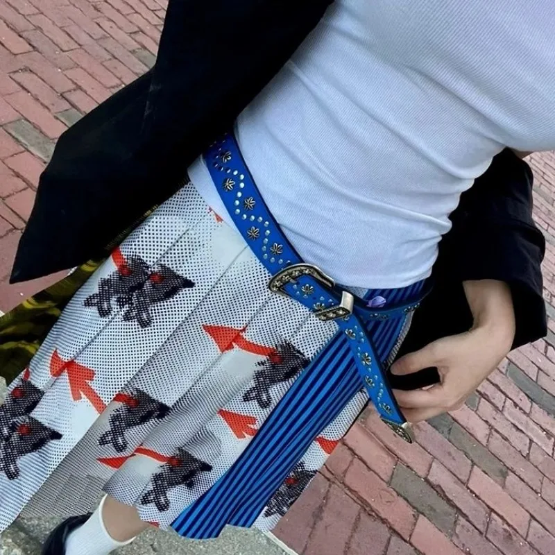 레트로 동물 프린트 루즈핏 미디 스커트 여성 2025 가을 신상 스트릿웨어 하이웨이스트 플리츠 캐주얼 A라인 스커트