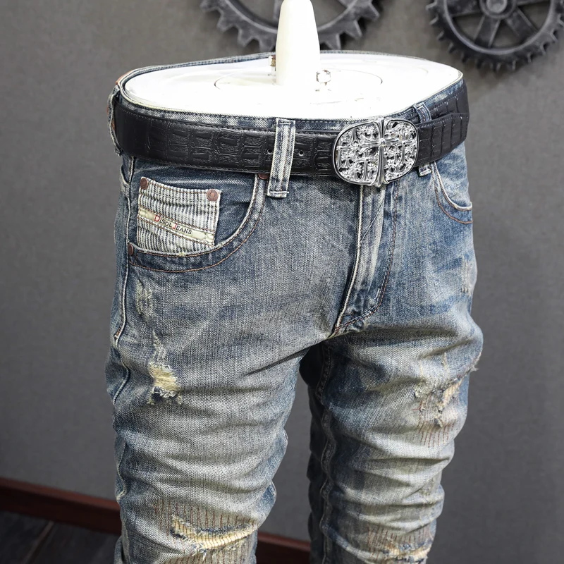 Newly Vintage Fashion Men Jeans High Quality Retro Washed Blue Slim Fit Ripped Jeans Men Embroidery Patched Designer Denim Pants
