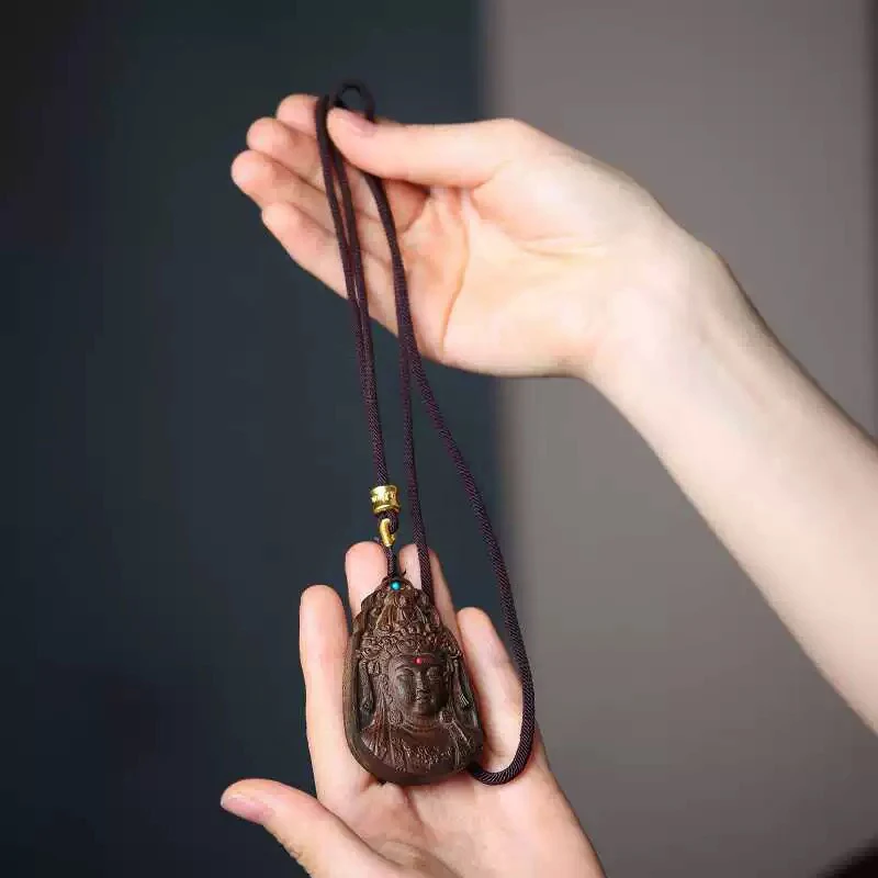 1PCS Buddhist Amulet Guanyin Pendant Necklace Agarwood Feng Shui Auspicious Collar Good Luck Meditation Jewelry
