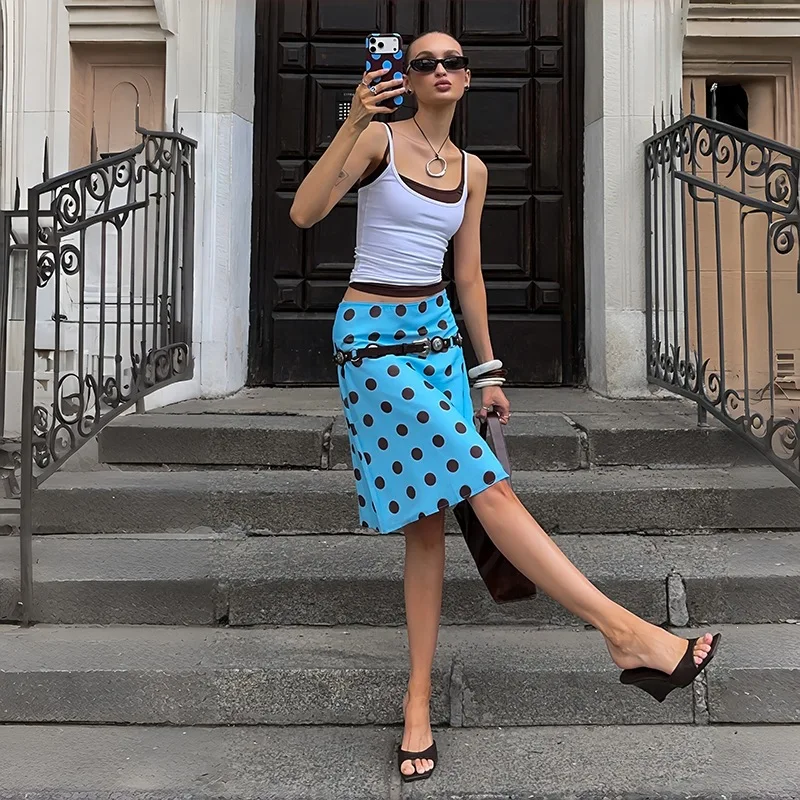 

Women Sexy 2 Piece Set Color Patchwork Camis Crop Tops + Polka Dots Print Bodycon Midi Skirts Casual Steretwear Suits Clubwear