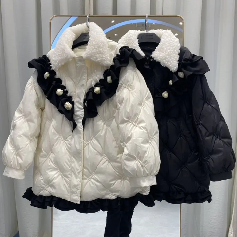 Winter Lotus Leaf Edge White Duck Down Parak Three-dimensional Flower Fur Collar Down Jacket Women's Winter Diamond Grid Coat