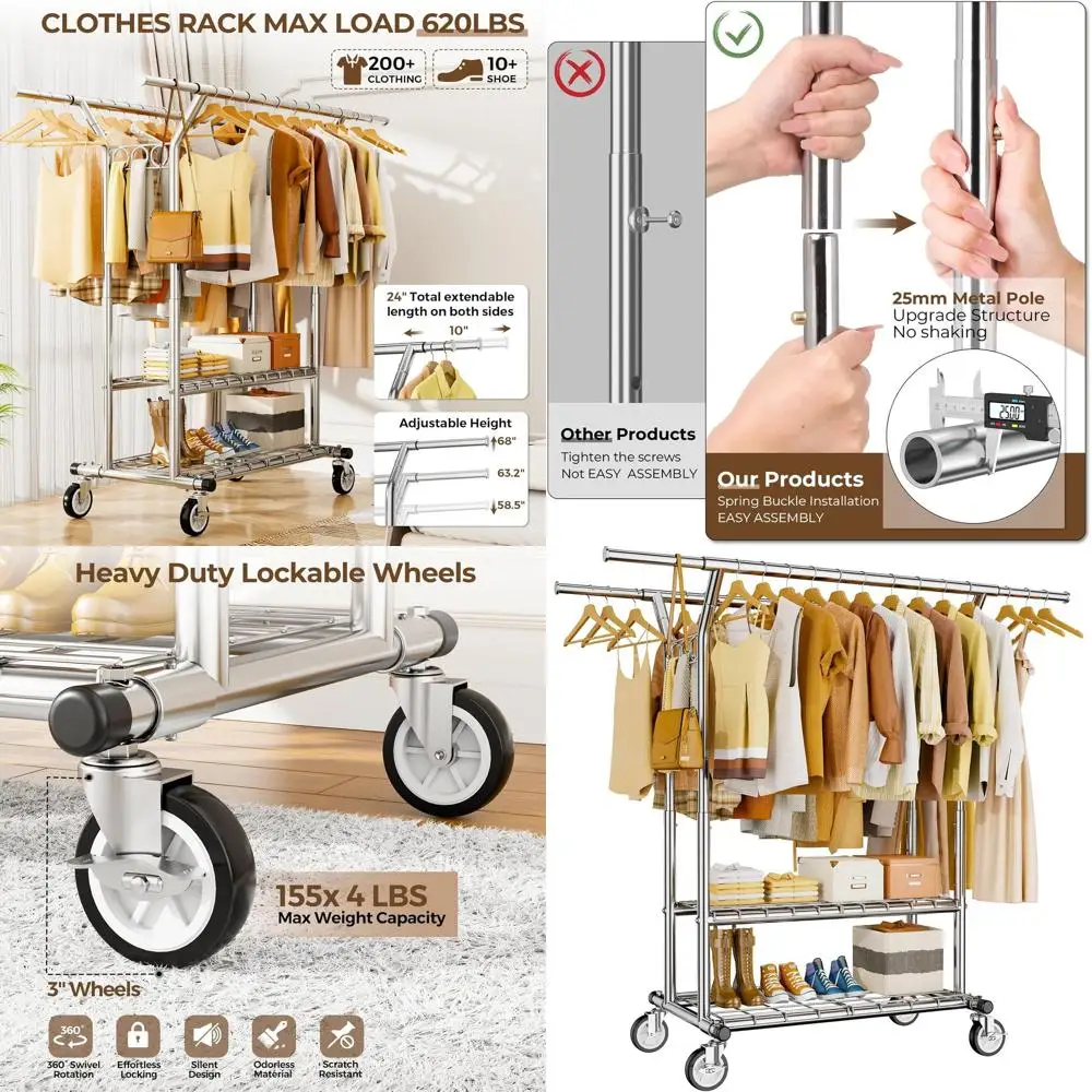 

Portable Heavy-Duty Rolling Clothes Rack with Shelves, Adjustable Double Rod, Holds 620lbs