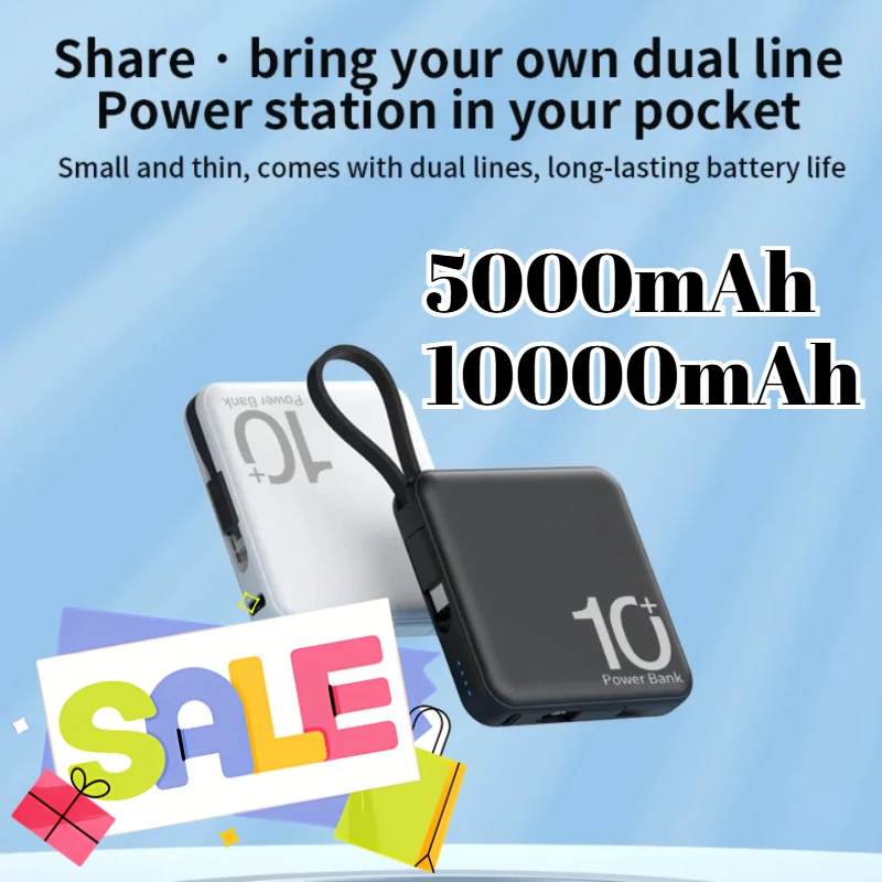 

Portable External Battery 10000mAh Mini Power Bank Built-in Type C Cable Fast Charger for IPhone 15 16 Samsung Xiaomi Powerbank