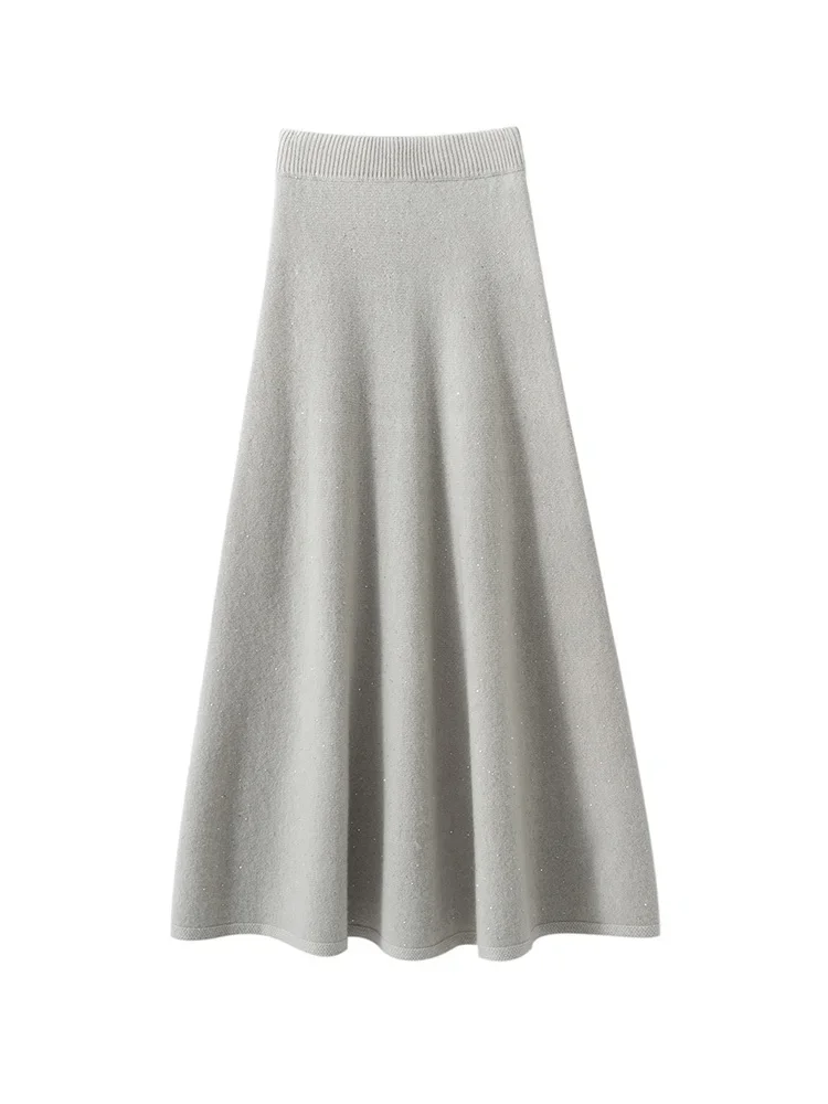 Chic Women Sweater Suite Skirt 100% Cashmere A-Line Skirt Autumn Winter Wave Skirt Elastic Knee Length Dress Sequins French Knit