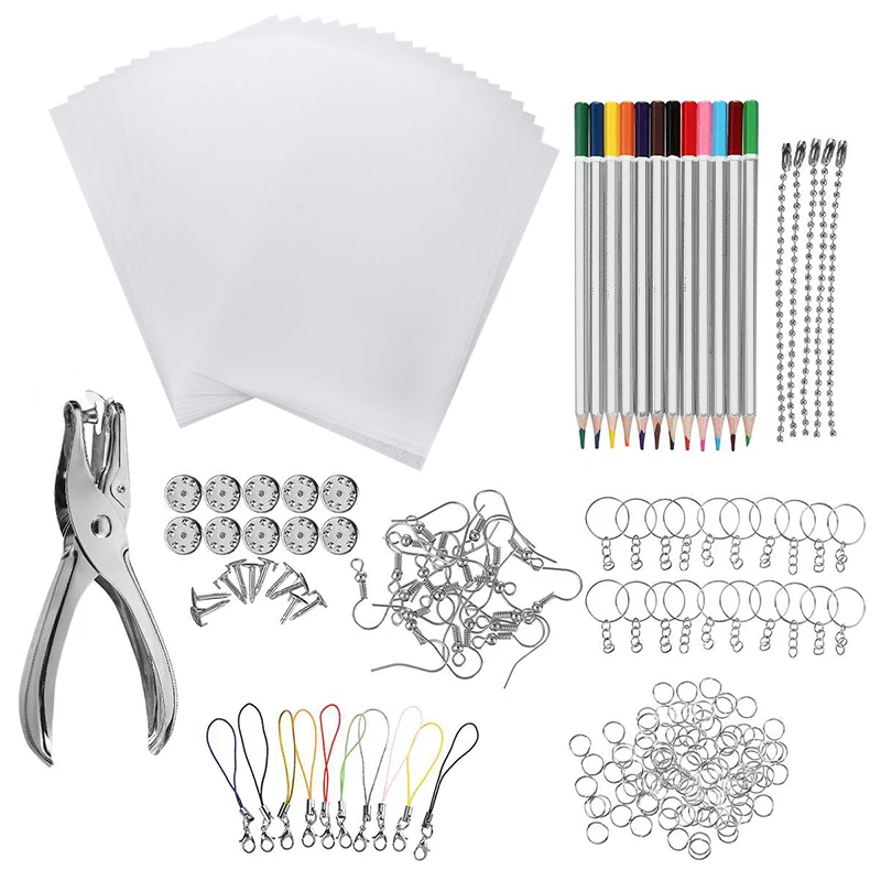 145/198/245Pcs Heat Shrink Plastic Set Shrinky Art Film Paper Sheet Punch Keychains Earring Pencils DIY Kit Drawing Art Supply