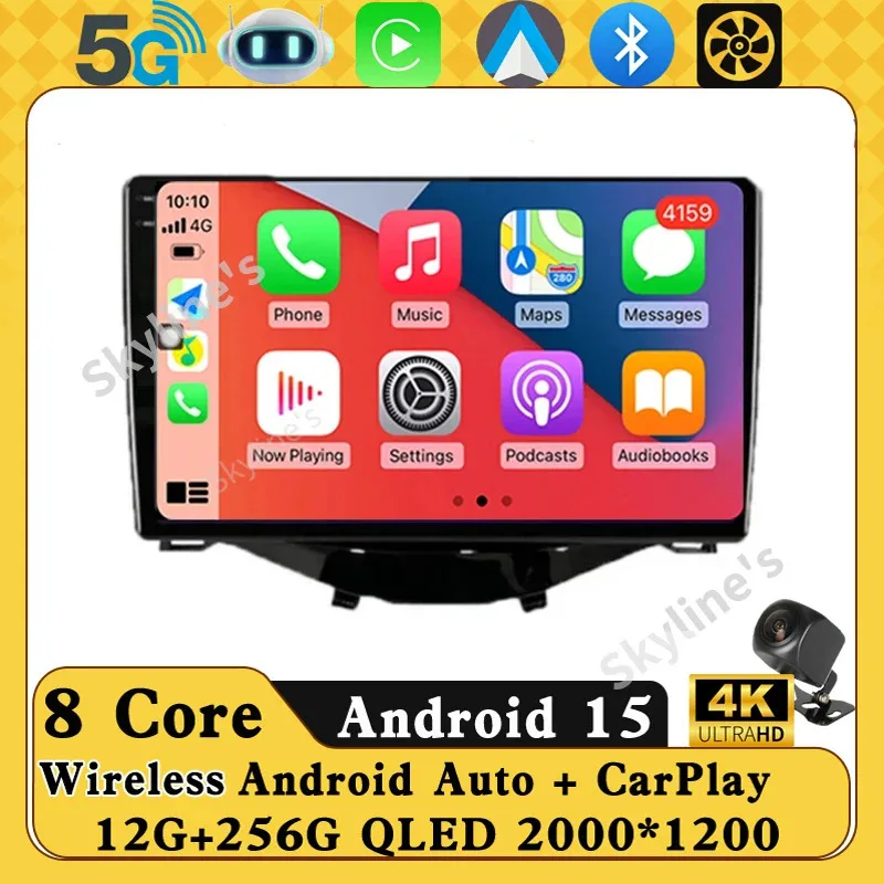 أندرويد 15 Carplay راديو السيارة لتويوتا Aygo بيجو 108 سيتروين C1 2016-2020 الملاحة لتحديد المواقع مشغل وسائط متعددة واي فاي + 4G ستيريو BT