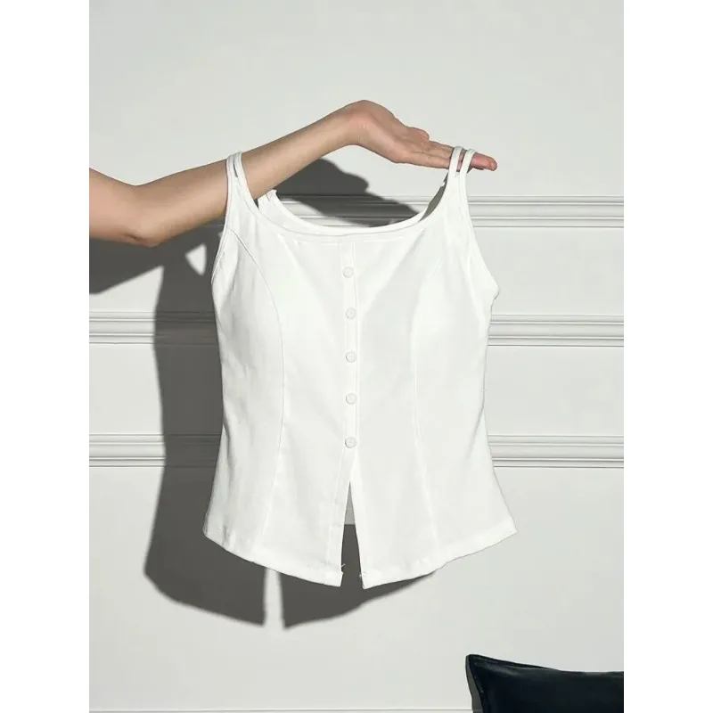 Women Double Strap Cami Top With Pads Button Split Slim Basic Vest