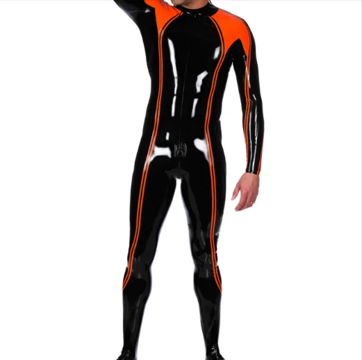 

Latex Gummmi Black orange patchwork Jumpsuit role play party hand customized 0.4mm XS-XXL