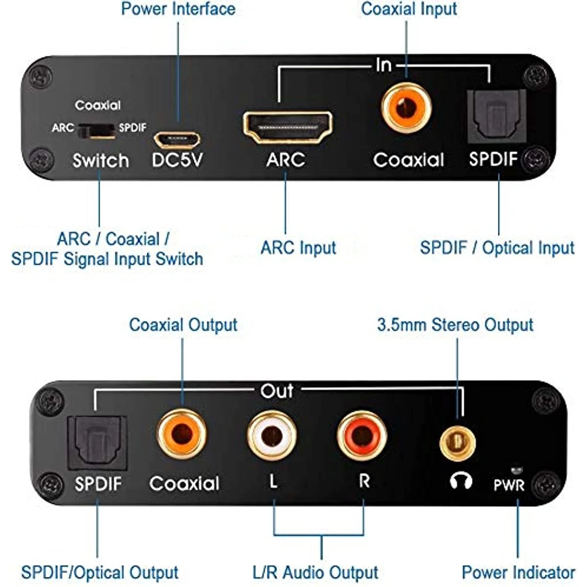 192KHz DAC Converter HDTV Audio Extractor Toslink(Optical) Coaxial ARC Input To Coaxial Optical Stereo L/R 3.5mm Jack Output