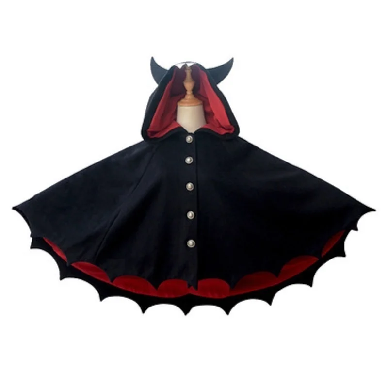 2023 Fleece Poncho Hoodie Cloak Coat Winter Kids Halloween Gothic Punk Black Devil Bat Wing Demon Costume Lolita