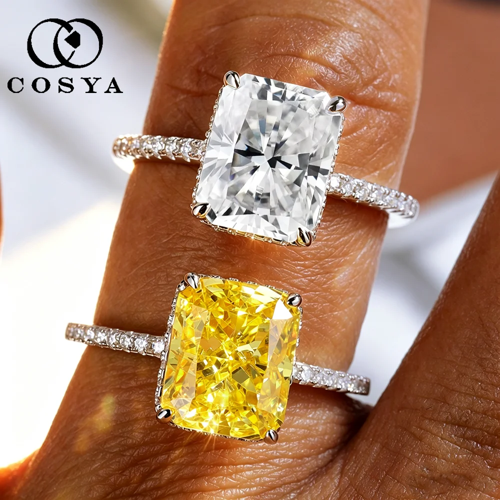 COSYA 4CT 8*10mm Radiant Moissanite Rings For Women S925 Silver Ice Cut Lab Diamond Hidden Halo Wedding Band Fine Jewelry Gift