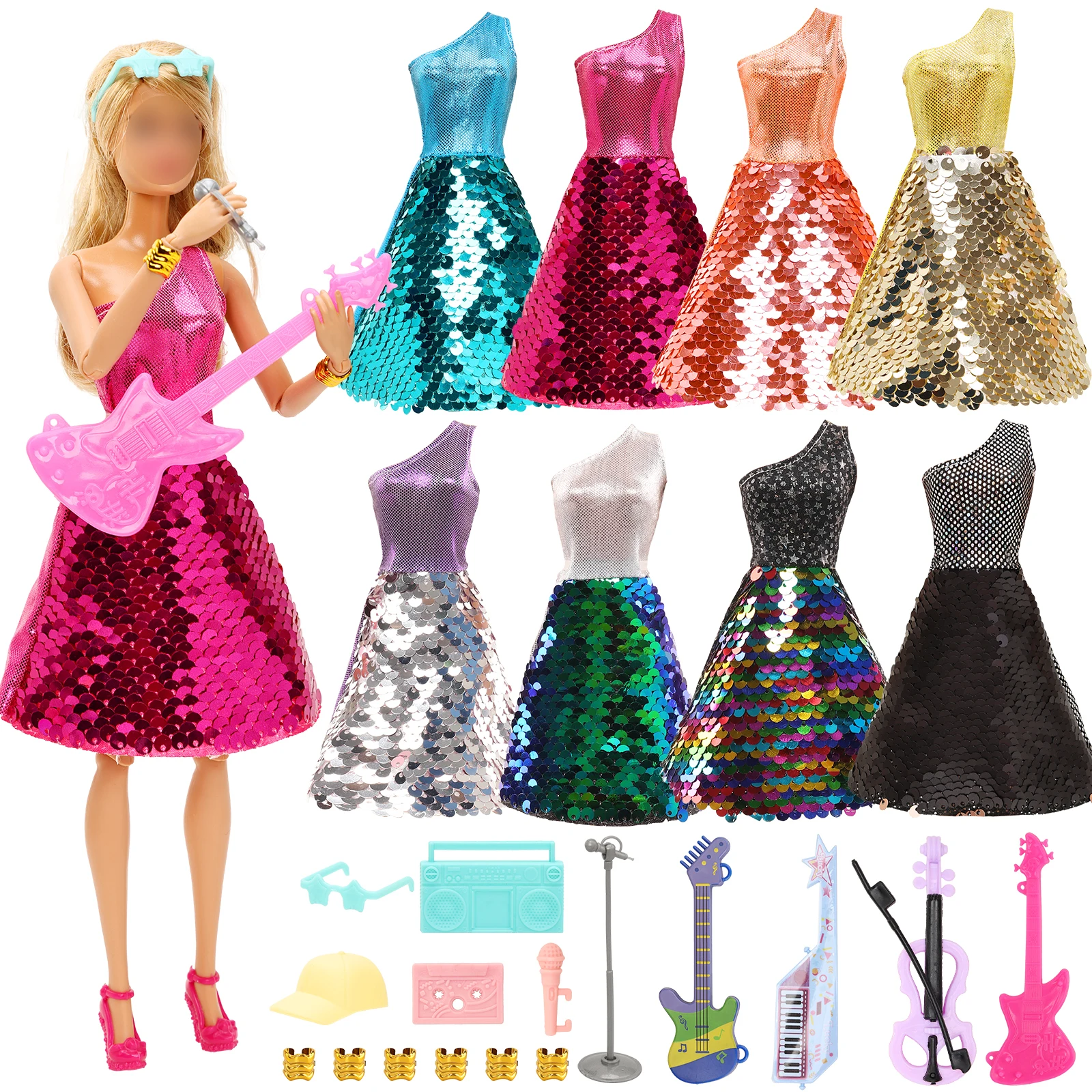 Barwa 24 Pcs Doll Clothes and Accessories 8 Sequin Dresses 7 Musical Instrument Accessories 2 Guitars 1 Violin 6 Bracelets