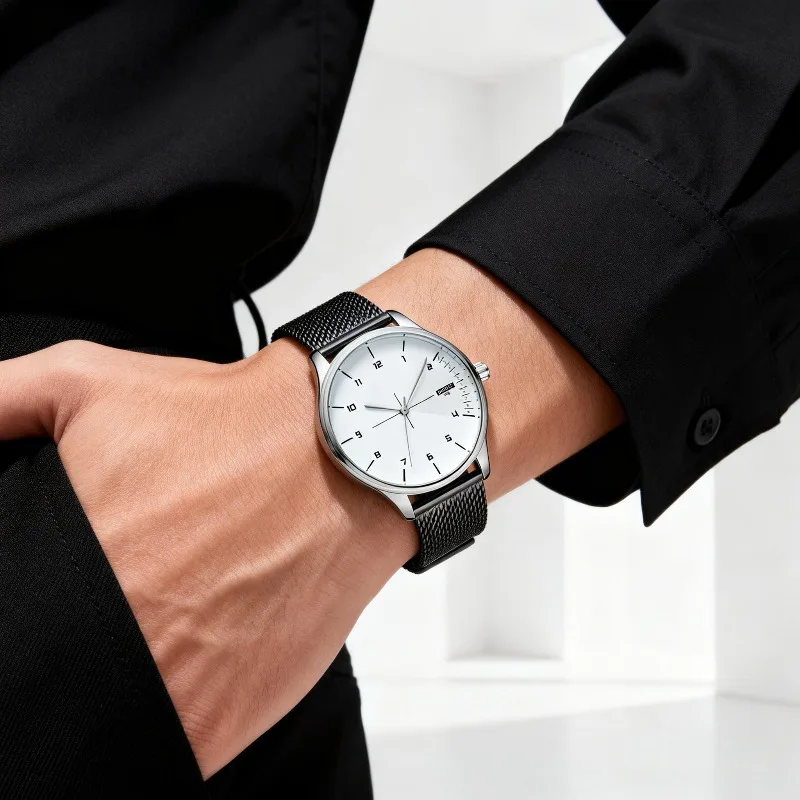 Minimalist Men's Watch Fashion Arabic Numerals Dial Metal Mesh Strap Quartz Wristwatch Business Casual Male Watch Clock Gift